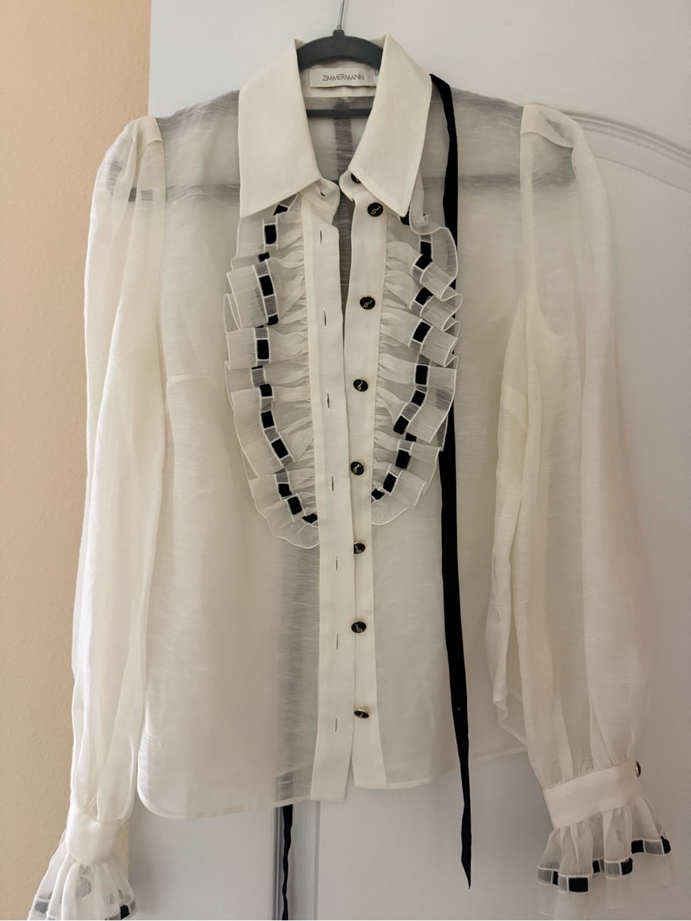 Zimmermann White Sheer Ruffle Front Blouse with Black Trim